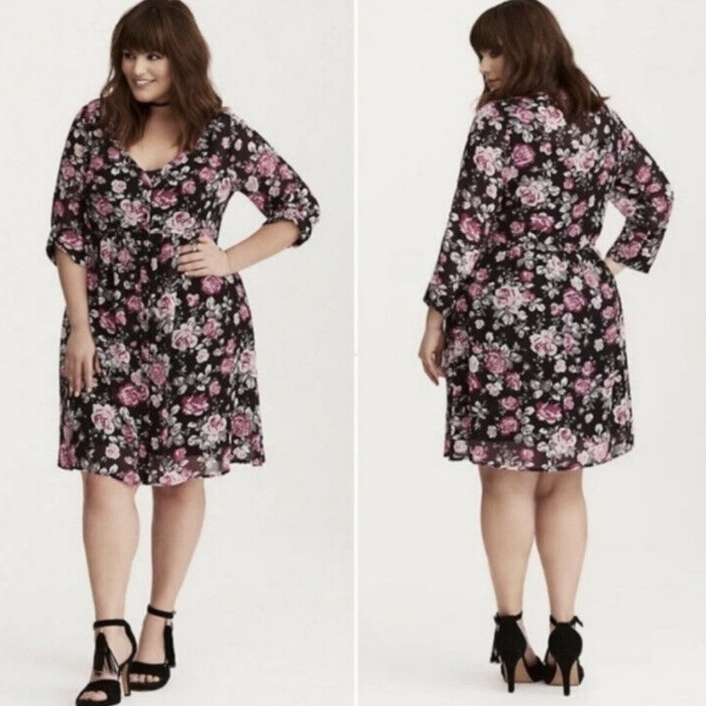 Torrid Black Floral Chiffon Knee Length Shirt Dress